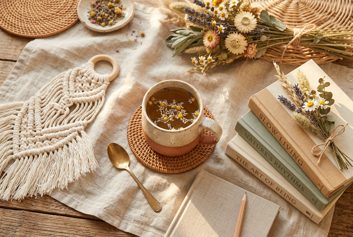 Boho flat lay with a mug of herbal tea, dried wildflowers, macramé, and books about slow living on warm linen