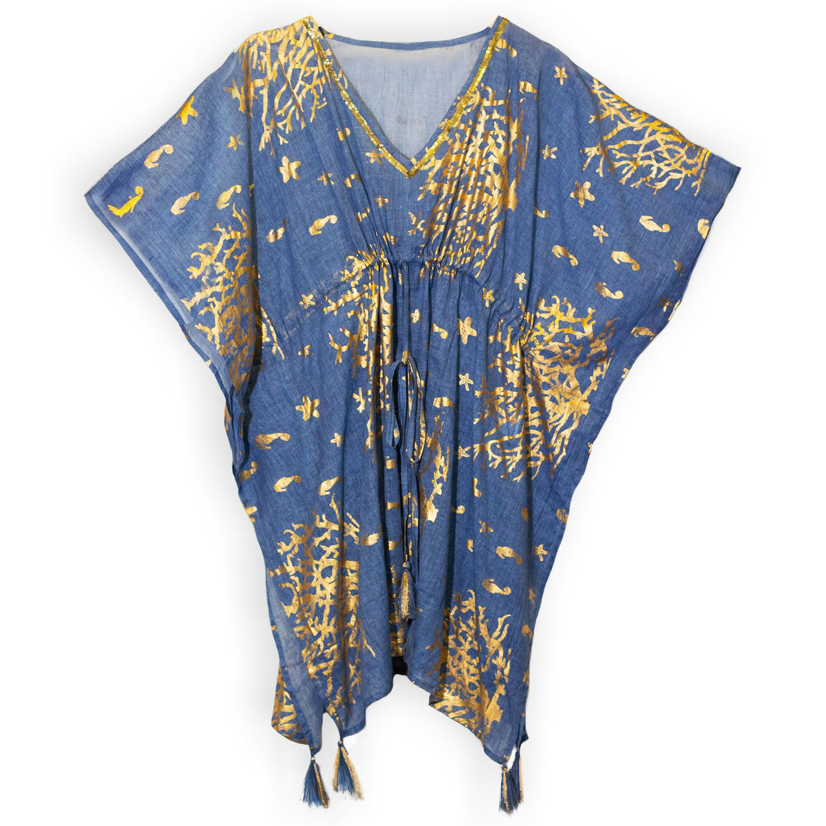 Nomad Sari Kaftan – Sea Blue with Gold Coral Print