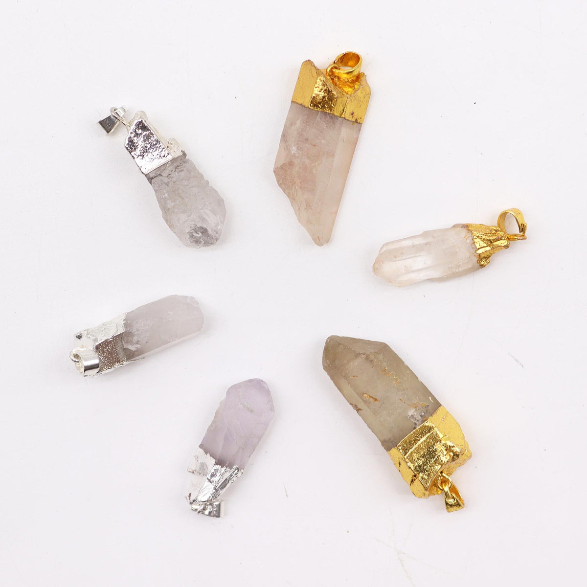 Gemstone Clear Quartz Gold & Silver Plated Pendants (6 assorted)